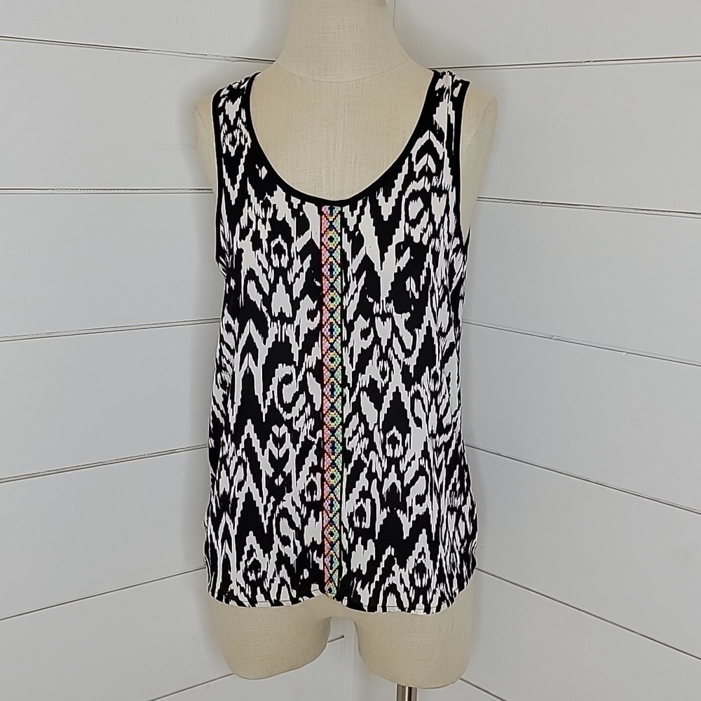 Society Girl small black and white print with colorful embroidery tank top